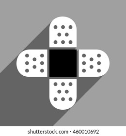 Plaster Cross long shadow vector icon. Style is a flat plaster cross black and white iconic symbol on a gray square background.