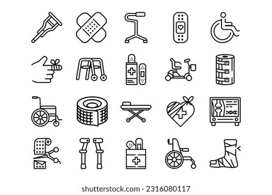 Plaster, Crutches and Bandage lines icon set. Plaster, Crutches and Bandage genres and attributes. Linear design. Lines with editable stroke. Isolated vector icons. svg