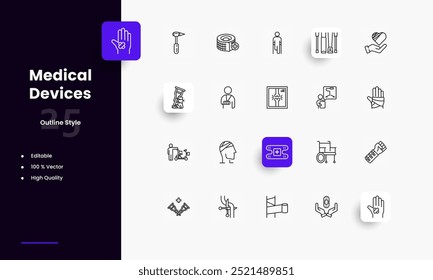 Conjunto de iconos de líneas de yeso, muletas y vendaje. Géneros y atributos de yeso, muletas y vendaje. Diseño lineal. Líneas con trazo editable. Iconos aislados del vector.