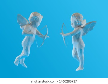 Plaster Cupid. Set of White Cupidon on Blue Background. Low Poly Vector 3D Rendering