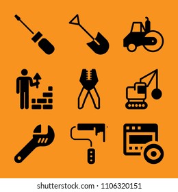 plaster, decoration, wrench, drawing, brick and antique icon vector set. Flat vector design with filled icons. Designed for web and software interfaces