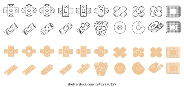 Plaster editable stroke outline icons set isolated on transparent background. Medical patch flat vector illustration.