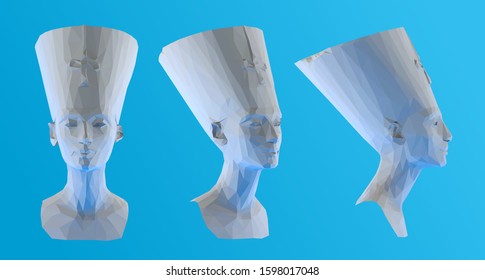 Plaster Egyptian Queen Nefertiti. Set of White Cleopatra Sculptures on Blue Background. Low Poly Vector 3D Rendering