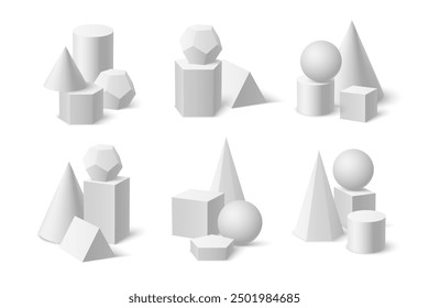 Plaster figures compositions. White pyramid, cylinder and cube, ball and polygon. Realistic 3d isolated elements. Light and shadows. Simple render form minimalist background. Vector geometry set