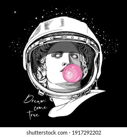 Plaster head Apollo statue in a retro space Astronaut's helmet with a pink bubble gum. Humor poster, t-shirt composition, hand drawn style print. Vector illustration.