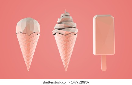 Plaster Ice Cream Collection. Set of White Gelato on Red Background. Low Poly Vector 3D Rendering