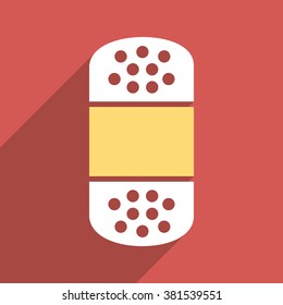 Plaster long shadow vector icon. Style is a flat light symbol on a red square background.