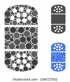 Plaster mosaic of spheric dots in variable sizes and color hues, based on plaster icon. Vector round elements are composed into blue mosaic. Dotted plaster icon in usual and blue versions.