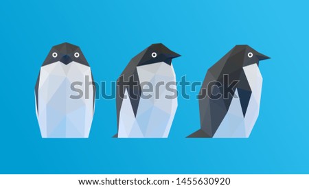 Plaster Penguin. Set of White Penguins on Blue Background. Low Poly Vector 3D Rendering