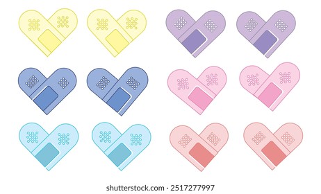 Plaster set of colorful collection with six patches of different colors in the shape of hearts, adhesive bandage set of heart shape, creative adhesive plaster elastic medical plasters