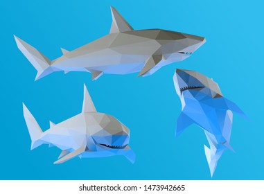 Plaster Shark. Set of White Great White Sharks on Blue Background. Low Poly Vector 3D Rendering