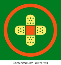 Plaster vector icon. Style is bicolor flat rounded symbol, orange and yellow colors, rounded angles, green background.