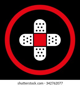 Plaster vector icon. Style is bicolor flat rounded symbol, red and white colors, rounded angles, black background.