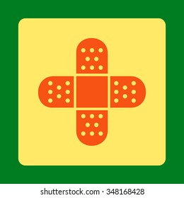 Plaster vector icon. Style is flat rounded square button, orange and yellow colors, green background.