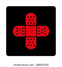 Plaster vector icon. Style is flat rounded square button, intensive red and black colors, white background.