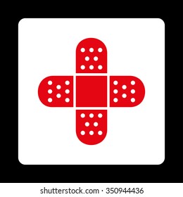 Plaster vector icon. Style is flat rounded square button, red and white colors, black background.