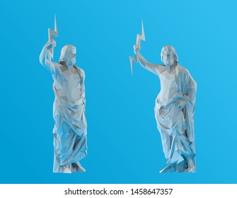 Plaster Zeus. Set of White Zeus on Blue Background. Low Poly Vector 3D Rendering