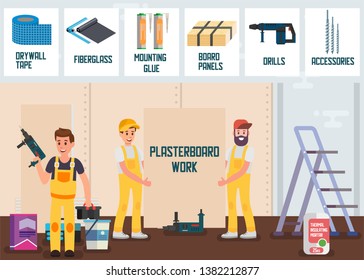 Plasterboard Work Service Online Store Advertising Flat Banner Vector Illustration House Repair Male Team in Uniform Installing Board Using Drill and other Building Materials, Accessories and Tools