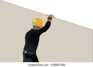 Plasterboard worker carries a gypsum panel. It wears a yellow safety helmet.