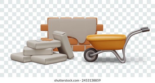 Plastered brick wall, wheelbarrow, pile of cement bags. Vector composition