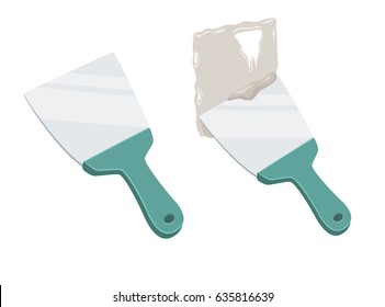 Plastered wall with a putty knife. Spatula repair tool. Spackling or paint instruments. Support service vector illustration isolated on white.