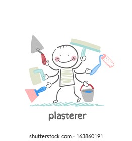 plasterer holds a lot of tools to work
