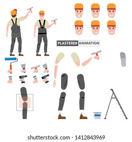 Plasterer profession worker character for animation. Front and back view. Collection of male cartoon character body parts, facial expressions, gestures, clothes, working tools isolated