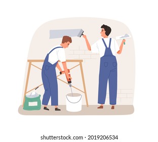 Plasterers smoothing, plastering and covering wall surface with putty, spackling paste and spatula. Professional repair workers working. Flat vector illustration isolated on white background