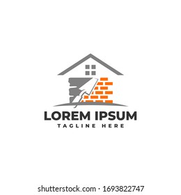 Plastering Brick Wall House with Pock Logo Vector Icon Illustration