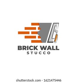 Plastering Cement Brick Wall with Pock Logo Vector Icon Ilustration, Brick Wall Plaster Logo Icon