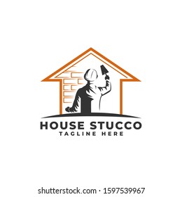 Plastering Cement House with People Holding Pock Logo Vector Icon Illustration