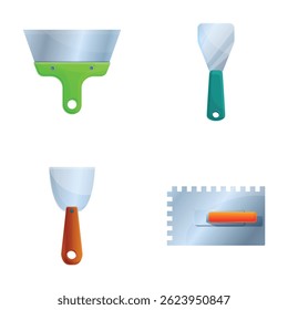 Plastering trowel icons set cartoon vector. Metal trowel of various shape. Construction and repair tool