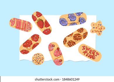 Plasters depicting sweet donuts pasted on paper. Vector kids illustration