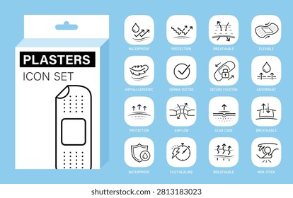 Plasters icon set. The outline vector icons are well scalable and editable for packaging label design. Great for infographic for different backgrounds. EPS10.