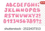 Plastic 3d realistic font liquid shapes pink color. A set of letters and numbers isolated on a white background with a transparency effect. vector illustration