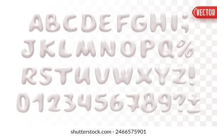 Plastic 3d realistic font liquid shapes white milk colors. A set of letters and numbers isolated on a white background with a transparency effect. vector illustration