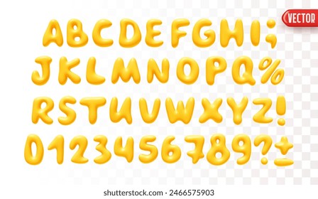 Plastic 3d realistic font liquid shapes yellow colors. A set of letters and numbers isolated on a white background with a transparency effect. vector illustration