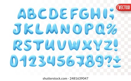 Plástico 3d realista fuente líquido Formas color azul. Conjunto de letras y números aislados sobre un fondo blanco con efecto de transparencia. Ilustración vectorial