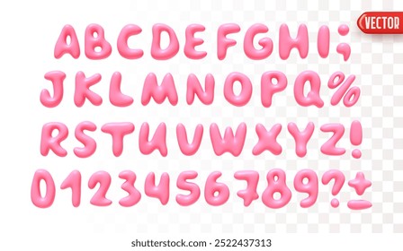 Plastic 3d realistic font liquid shapes pink color. A set of letters and numbers isolated on a white background with a transparency effect. vector illustration