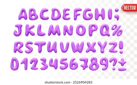 Plastic 3d realistic font liquid shapes violet color. A set of letters and numbers isolated on a white background with a transparency effect. vector illustration