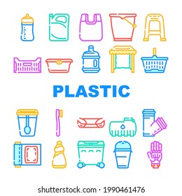 Plastic Accessories Collection Icons Set Vector. Bumper Car Part And Polypropylene Pipes, Plastic Food Package And Drink Cup, Prosthesis And Box Concept Linear Pictograms. Contour Color Illustrations