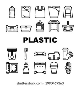 Plastic Accessories Collection Icons Set Vector. Bumper Car Part And Polypropylene Pipes, Plastic Food Package And Drink Cup, Prosthesis And Box Contour Illustrations