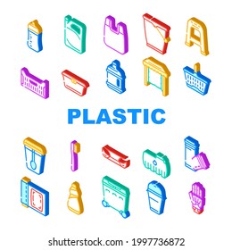 Plastic Accessories Collection Icons Set Vector. Bumper Car Part And Polypropylene Pipes, Plastic Food Package And Drink Cup, Prosthesis And Box Color Illustrations