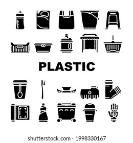 Plastic Accessories Collection Icons Set Vector. Bumper Car Part And Polypropylene Pipes, Plastic Food Package And Drink Cup, Prosthesis And Box Glyph Pictograms Black Illustrations