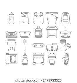 Plastic Accessories Collection Icons Set Vector. Bumper Car Part And Polypropylene Pipes, Plastic Food Package And Drink Cup, Prosthesis And Box Contour Illustrations