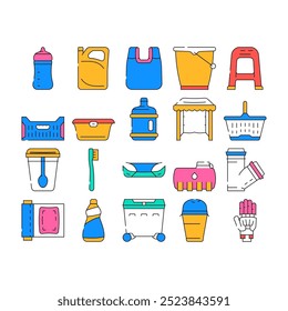 Plastic Accessories Collection Icons Set Vector. Bumper Car Part And Polypropylene Pipes, Plastic Food Package And Drink Cup, Prosthesis And Box Contour Illustrations