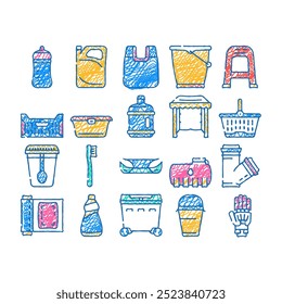 Vector de conjunto de iconos de doodle de accesorios de plástico. línea de boceto de arte de parachoques de piezas de automóviles y tubos de polipropileno, paquete de alimentos de plástico y taza de bebida, prótesis e ilustraciones de contorno de caja