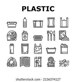 Plastic Accessories And Utensil Icons Set Vector. Plastic Food Container And Tableware, Shampoo Bottle And Canister, Used Polyethylene Bag And Pouch, Spoon And Fork Black Contour Illustrations