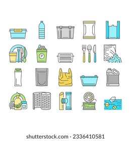 Plastic Accessories And Utensil Icons Set Vector. Plastic Food Container And Tableware, Shampoo Bottle And Canister, Used Polyethylene Bag And Pouch, Spoon And Fork Color Illustrations