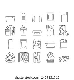 Plastic Accessories And Utensil Icons Set Vector. Plastic Food Container And Tableware, Shampoo Bottle And Canister, Used Polyethylene Bag And Pouch, Spoon And Fork Black Contour Illustrations
